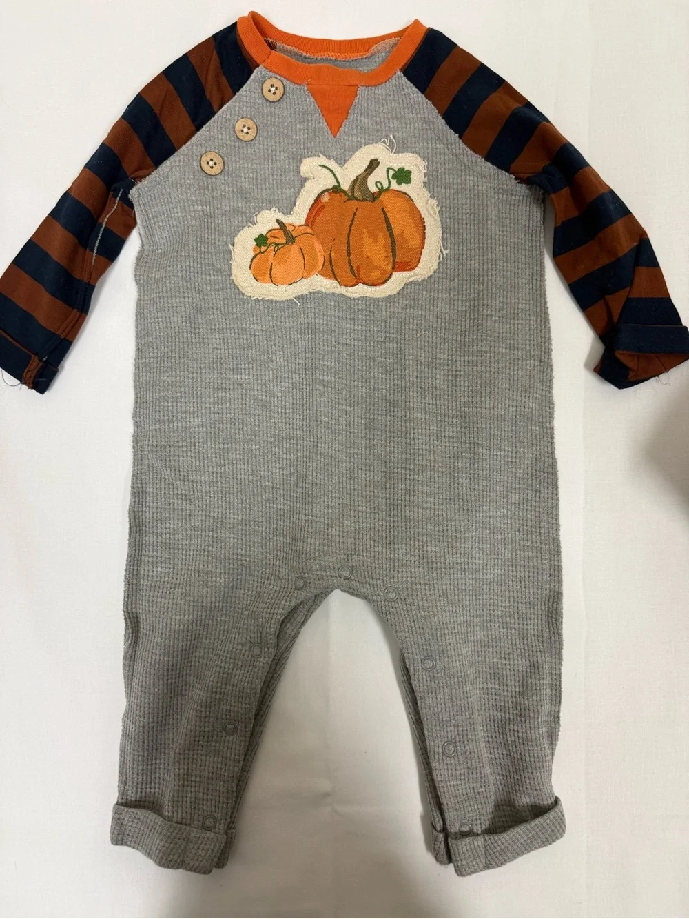 Mud Pie Gray Waffle Pumpkin One-Piece with Navy & Orange Striped Sleeves